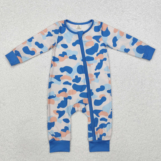 LR1574 Baby Infant Boys Blue Camo Fall Zip Bamboo Long Sleeve Romper