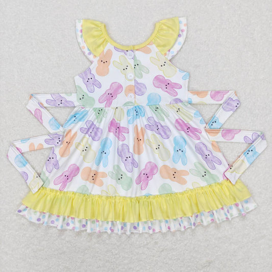 GSD0610 Colorful bunny bow Yellow lace flying sleeve dress