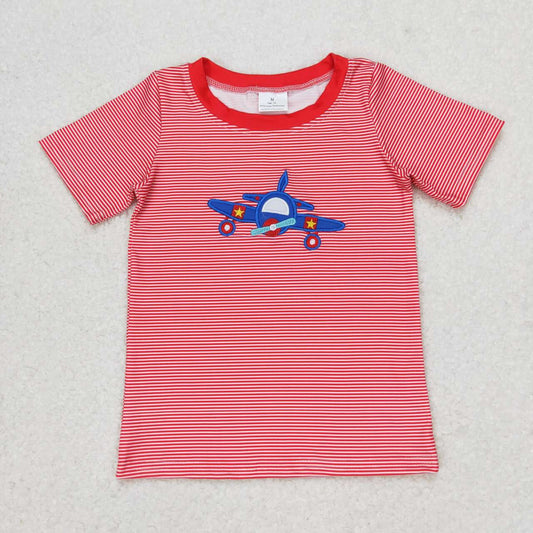 BT0594 Embroidered airplane red striped short-sleeved top