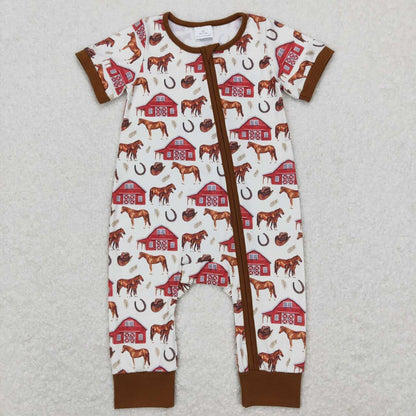 SR0509 Farm Red House Horse brown beige zipper short sleeve onesie