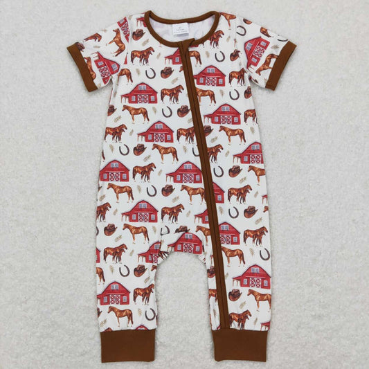 SR0509 Farm Red House Horse brown beige zipper short sleeve onesie