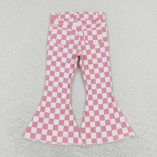 P0348 pink and white plaid denim trousers