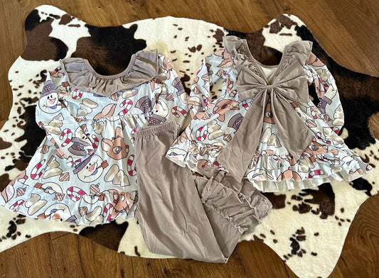 6 B5-20 Girls Grey Deer Snowman Back Bow Outfits