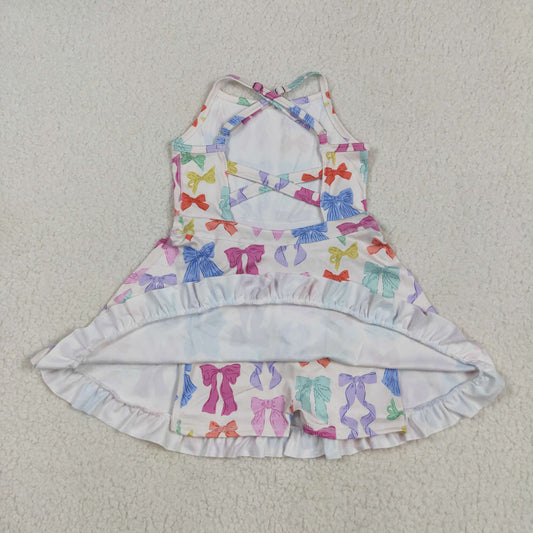 GSD2291 Baby Girls Strap Colorful Bows Yoga Ruffle Knee Length Dress 5.8