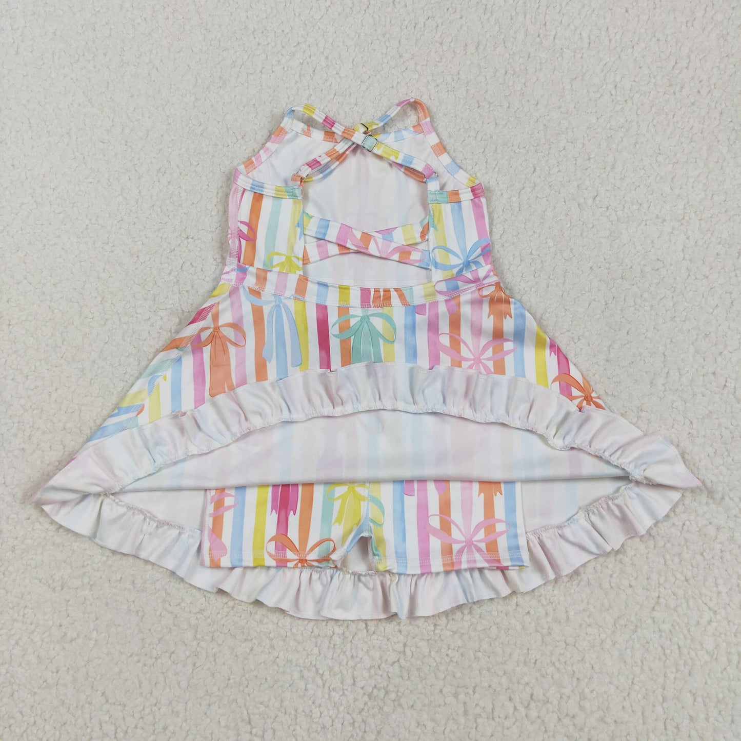 GSD2288 Baby Girls Strap Colorful Bows Stripe Yoga Ruffle Knee Length Dress 5.15