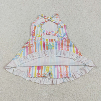 GSD2288 Baby Girls Strap Colorful Bows Stripe Yoga Ruffle Knee Length Dress 5.15