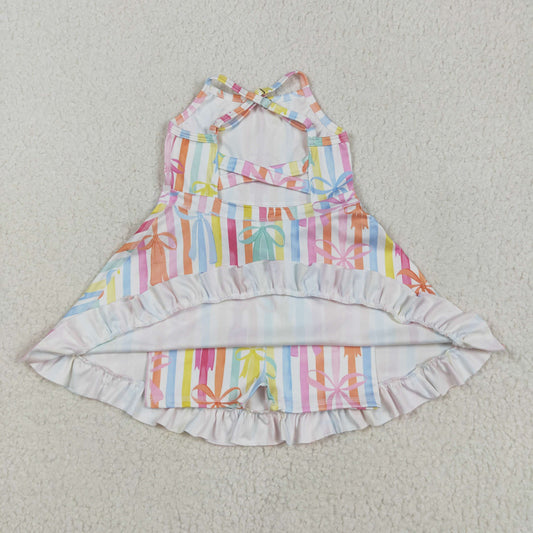 GSD2288 Baby Girls Strap Colorful Bows Stripe Yoga Ruffle Knee Length Dress 5.15