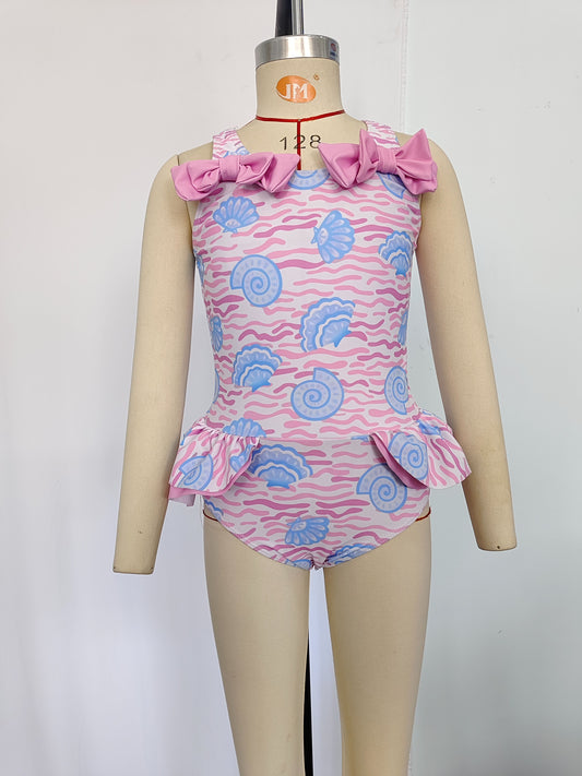 S0274 Shell wave pink bow one-piece swimsuit