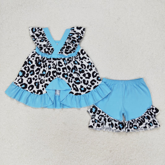 GSSO0878 Blue and black leopard print lace flying sleeve shorts suit