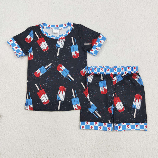 BSSO1401 Baby Boys Black Short Sleeves Popsicle Shirt Shorts 4th Of July Pajamas Set 5.19