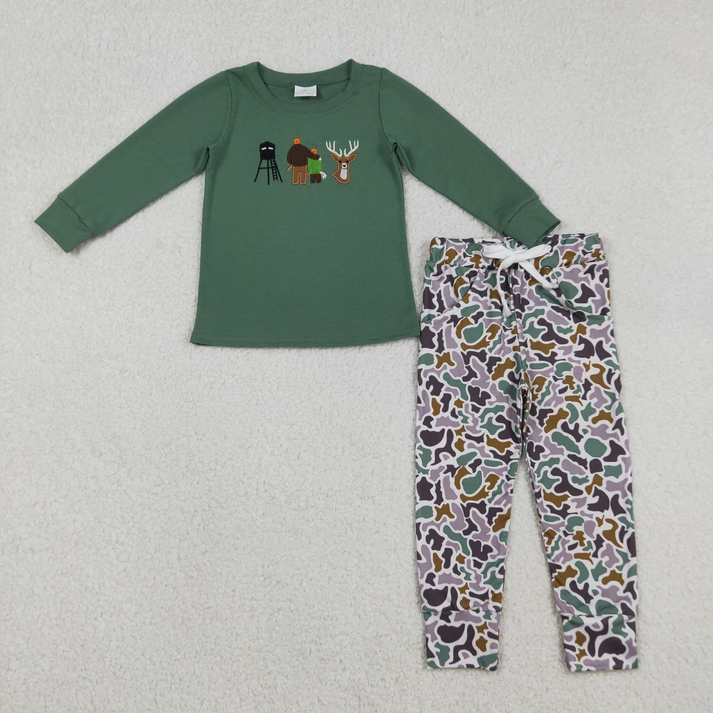 BT1438+P0944 Embroidery Deer Baby Boys Hunting Top Camo Pockets Jogger Pants Clothes Set C12.11