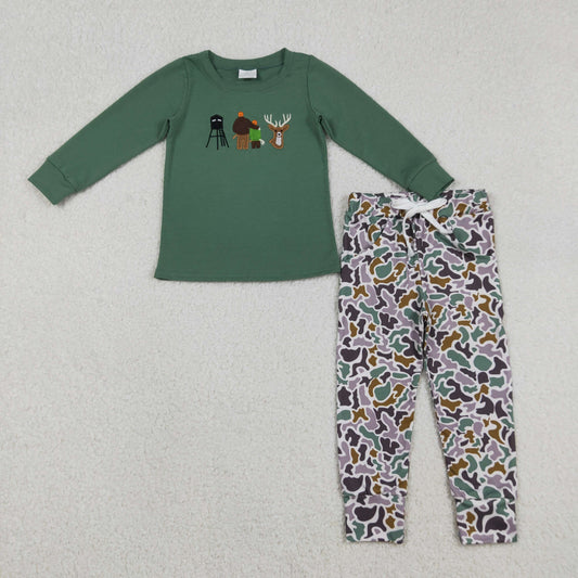 BT1438+P0944 Embroidery Deer Baby Boys Hunting Top Camo Pockets Jogger Pants Clothes Set C12.11