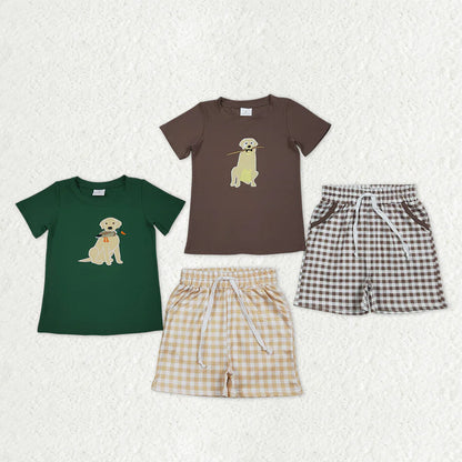RTS Sibling Baby Boys Embroidery Dog Ducks Top Checked Pockets Short Hunting Clothes Sets