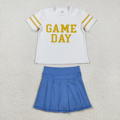 GT1101+GLK0084 Baby Girls Vinyl Gold Game Day Top Blue Pleated Skorts Yoga Active Team Set C8.23