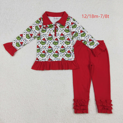 GLP2714 Baby Girls Christmas Lights Green Faces Plaid Zipper Pullover Legging Pants Set C10.16