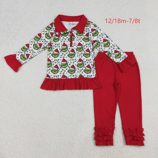 GLP2714 Baby Girls Christmas Lights Green Faces Plaid Zipper Pullover Legging Pants Set C10.16