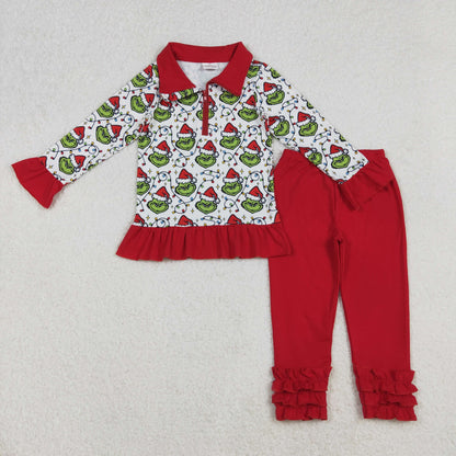 GLP2714 Baby Girls Christmas Lights Green Faces Plaid Zipper Pullover Legging Pants Set C10.16