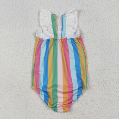 S0550 Baby Girls Flutter Sleeves Colorful Stripe One Piece Swimsuit 6.28