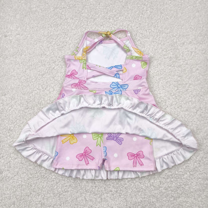 GSD2294 Baby Girls Pink Strap Colorful Bows Polka Dots Yoga Ruffle Knee Length Dress 4.24