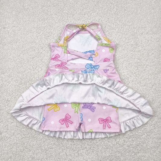 GSD2294 Baby Girls Pink Strap Colorful Bows Polka Dots Yoga Ruffle Knee Length Dress 4.24