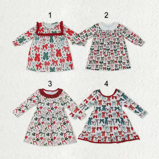 Sibling Baby Girls Green Red Bows Long Sleeves Christmas Knee Length Dresses C9.4