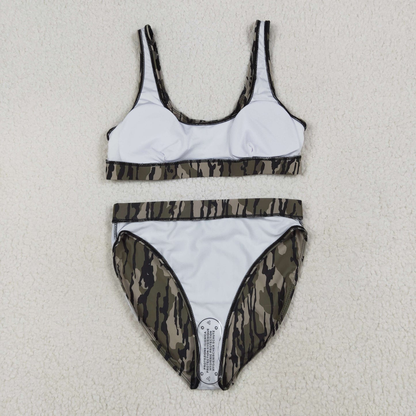 S0562 Adult Women Green Camo Top Bottom Swimsuits Set