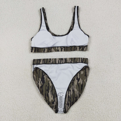 S0562 Adult Women Green Camo Top Bottom Swimsuits Set