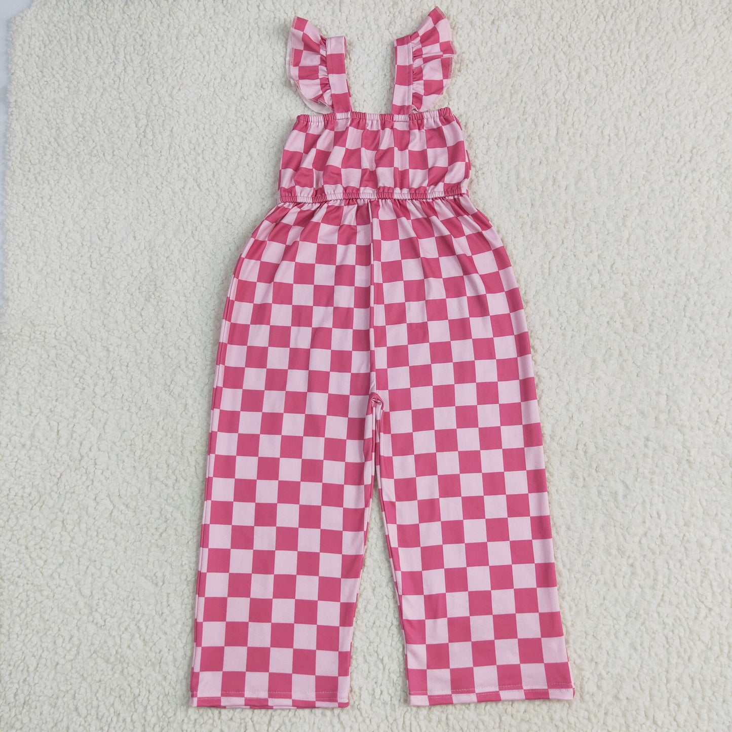 SR3050 Baby Girls Flutter Sleeves Pink Plaid Bell Jumpsuit 6.10