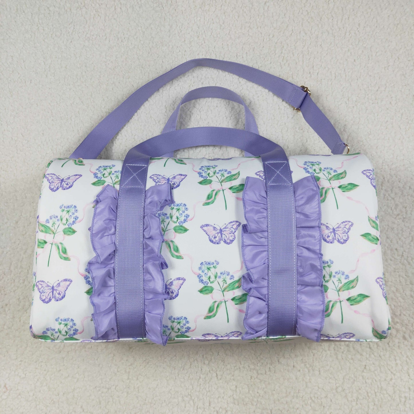 BA0293 Lavender Ruffle Butterfly Floral Print Gym Duffle Bag 7.7