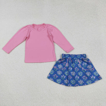 GLD1256 Baby Girls Pink Long Sleeves Shirts Top Floral Pockets Skirts Set C9.8