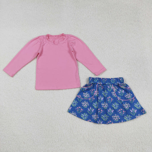 GLD1256 Baby Girls Pink Long Sleeves Shirts Top Floral Pockets Skirts Set C9.8