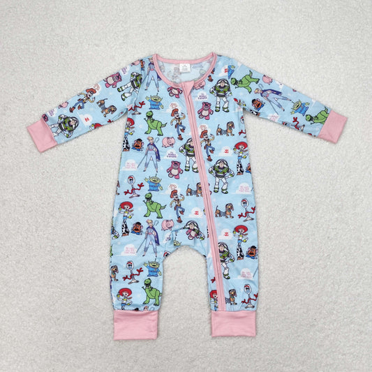 LR0987 Bamboo Cartoon blue pink zipper long sleeve onesie