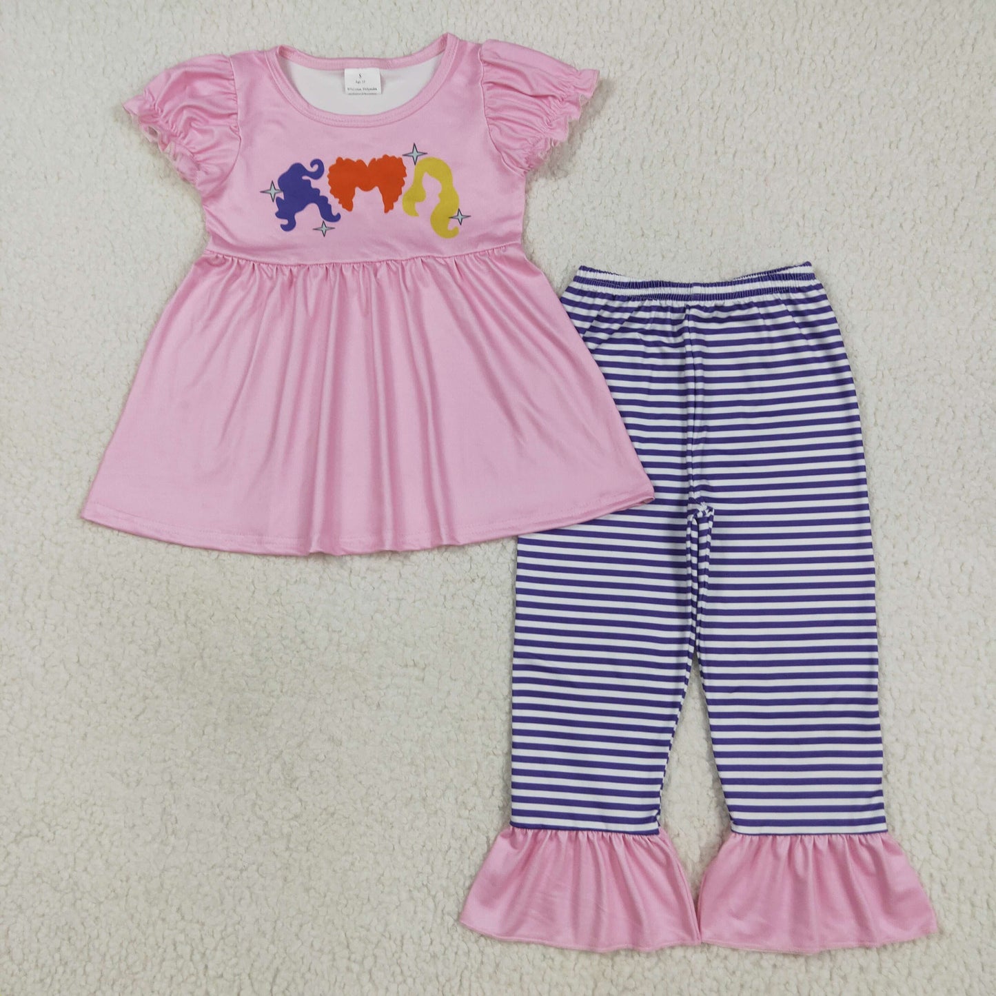 GSPO2043 Baby Girls Pink Short Ruffle Sleeves Princess Hair Tunic Stripe Ruffle Pant Set 7.21