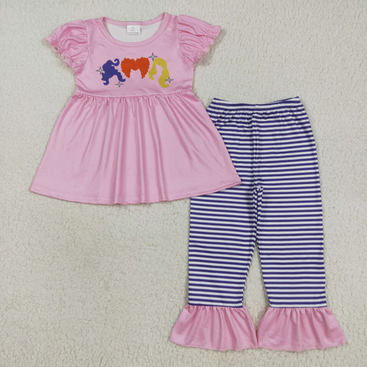 GSPO2043 Baby Girls Pink Short Ruffle Sleeves Princess Hair Tunic Stripe Ruffle Pant Set 7.21