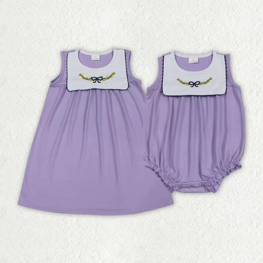 Sibling Baby Girls Mardigras Lavender Embroidery Bows Knee Length Dress Ruffle Rompers C11.8