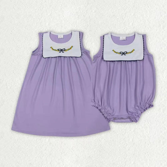 Sibling Baby Girls Mardigras Lavender Embroidery Bows Knee Length Dress Ruffle Rompers C11.8