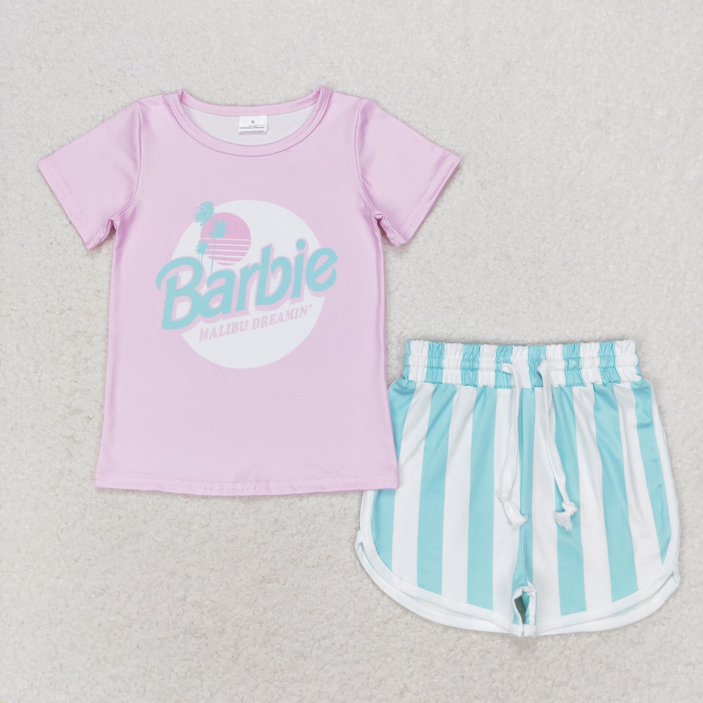 GSSO1168 Girls' summer pink short-sleeved striped shorts suit