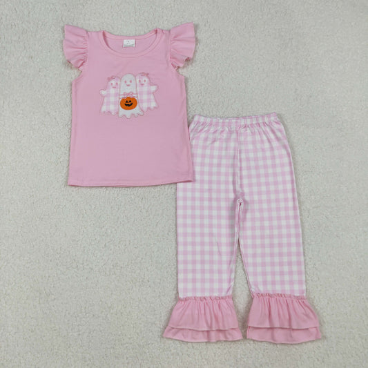 GSPO2058 Embroidery Baby Girls Ghosts Pumpkins Top Plaid Pant Halloween Set C9.19