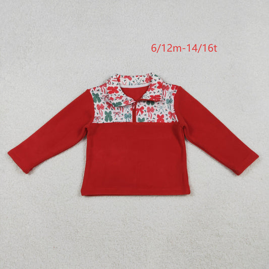 GT1150 Baby Girls Red Green Bows Christmas Half Zipper Pullover Top C10.15