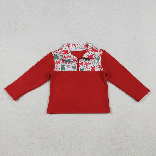GT1150 Baby Girls Red Green Bows Christmas Half Zipper Pullover Top C10.15