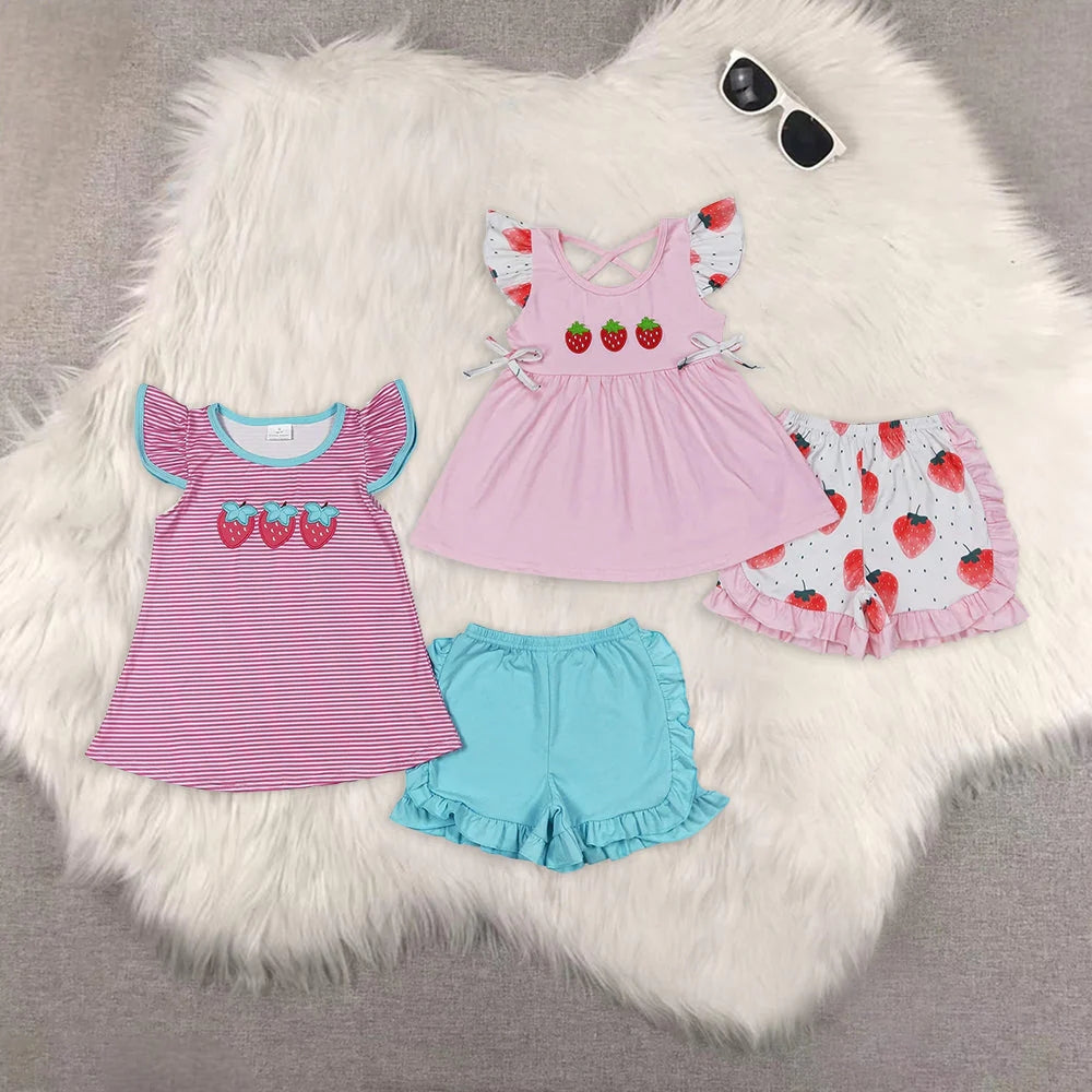Sibling Baby Girls Flutter Sleeve Embroidery Strawberry Tunic Top Ruffle Shorts Clothes Set 5.9