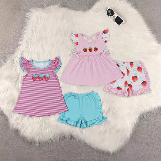 Sibling Baby Girls Flutter Sleeve Embroidery Strawberry Tunic Top Ruffle Shorts Clothes Set 5.9