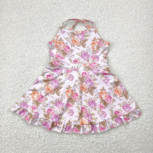 GSD2280 Baby Girls Peach Strap Floral Yoga Ruffle Knee Length Dress 4.28