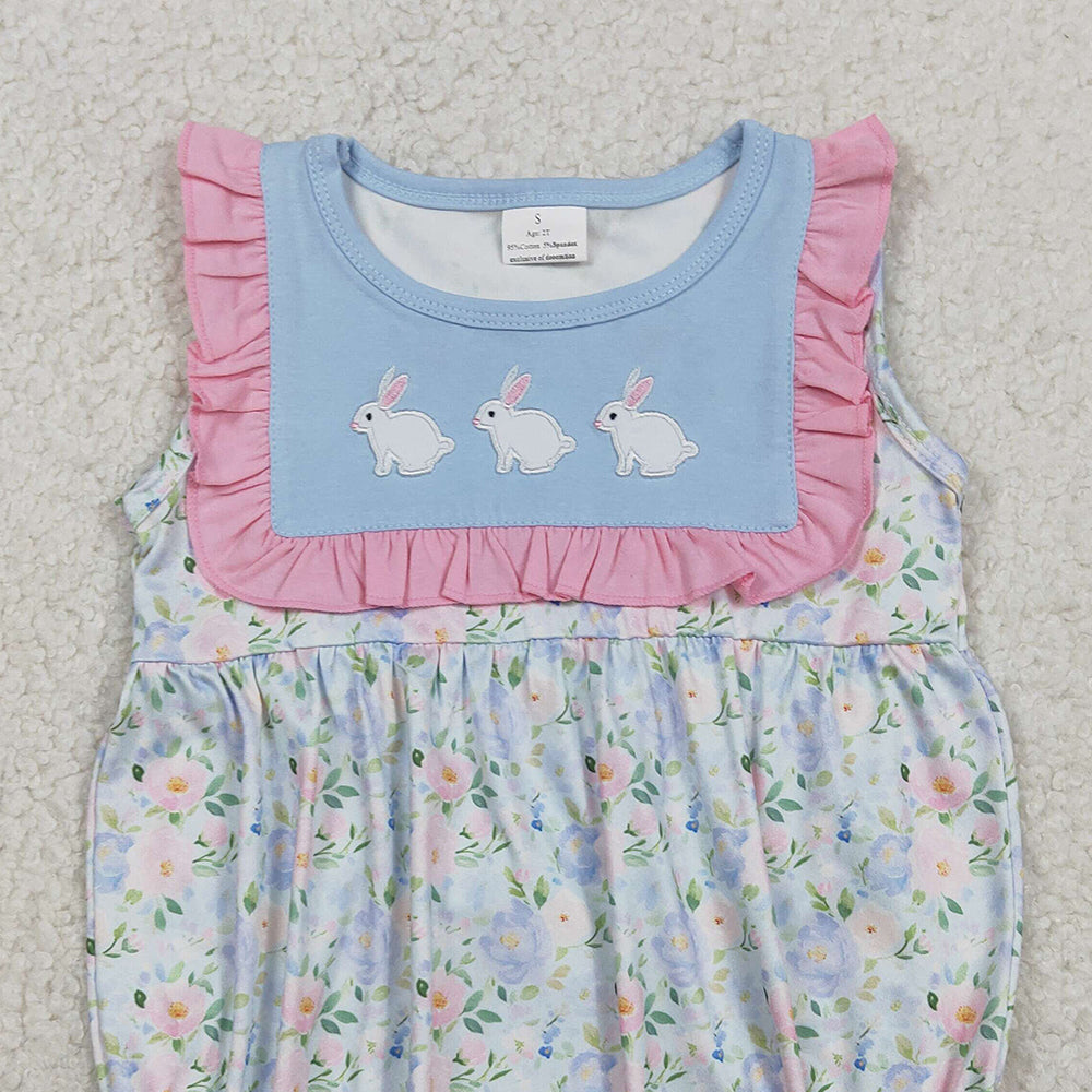 RTS SR3271 Embroidery Rabbits Baby Girls Flowers Easter Ruffle Rompers