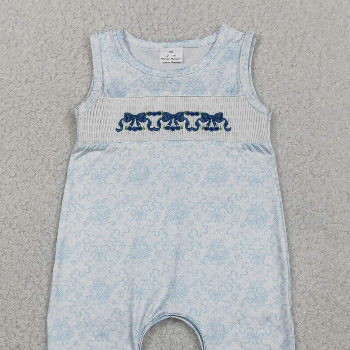 RTS SR3843 Embroidery Bows Baby Girls Sleeveless Blue Flowers Ruffle Rompers