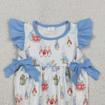 RTS SR3833 Baby Girls Flutter Sleeve Rabbits Bows Easter Ruffle Rompers