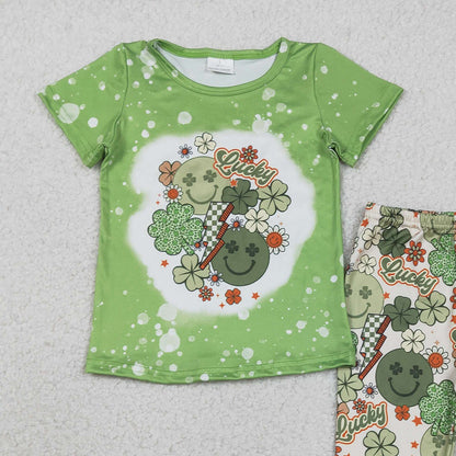 RTS GSPO1876 Kids Summer Top With Long Pants Baby Girls Smile Clovers Shirt Top Bell Pants St Patrick Clothes Sets