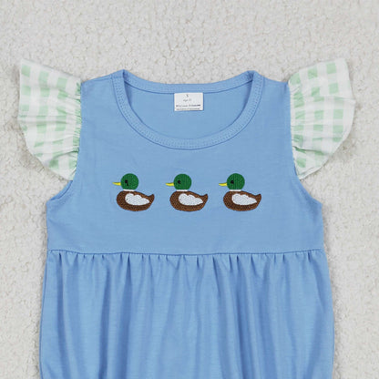 RTS SR3266 Embroidery Ducks Baby Girls Flutter Sleeve Hunting Ruffle Rompers