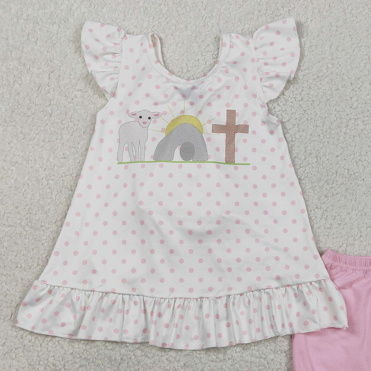 RTS GSSO3018 Baby Girls Cross Polka Dots Back Bow Tunic Ruffle Short Easter Clothes Sets