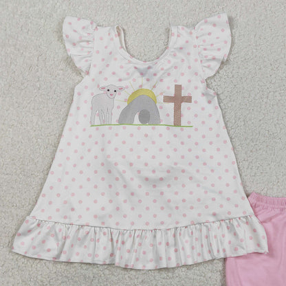 RTS GSSO3018 Baby Girls Cross Polka Dots Back Bow Tunic Ruffle Short Easter Clothes Sets